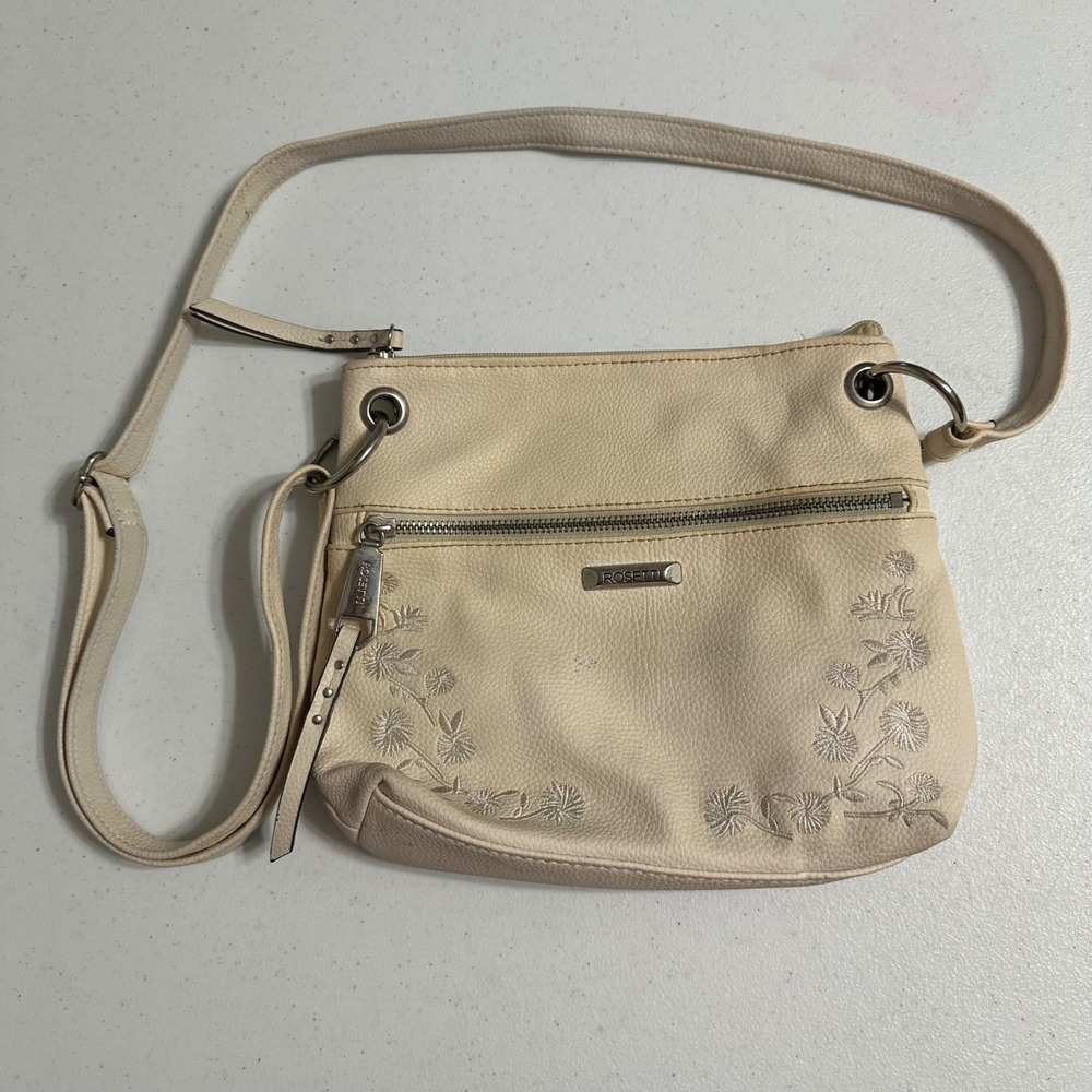 Rosetti Embroidered Floral Crossbody Bag Pebbled Faux Leather Cream Bohemian